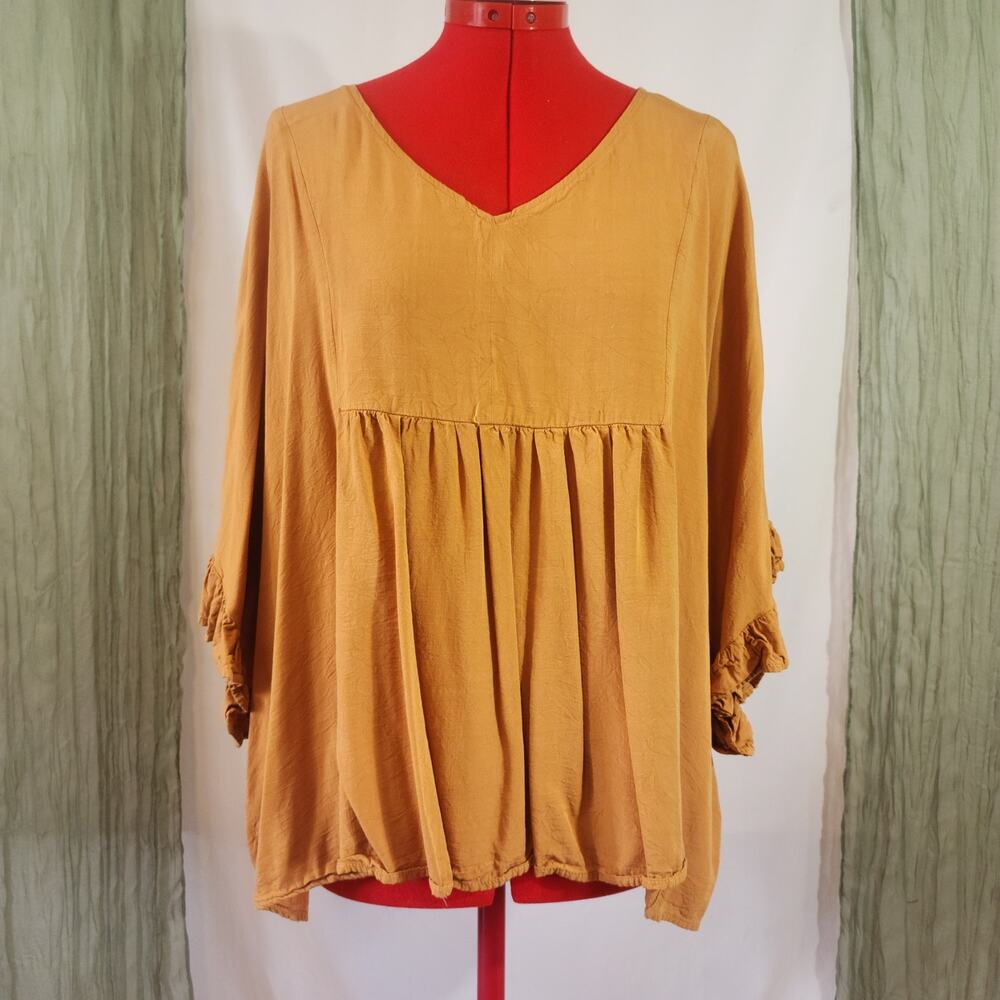 Andree Mustard Yellow V Neck Boho Peasant Roomy Short Sleeve Blouse Size 2X